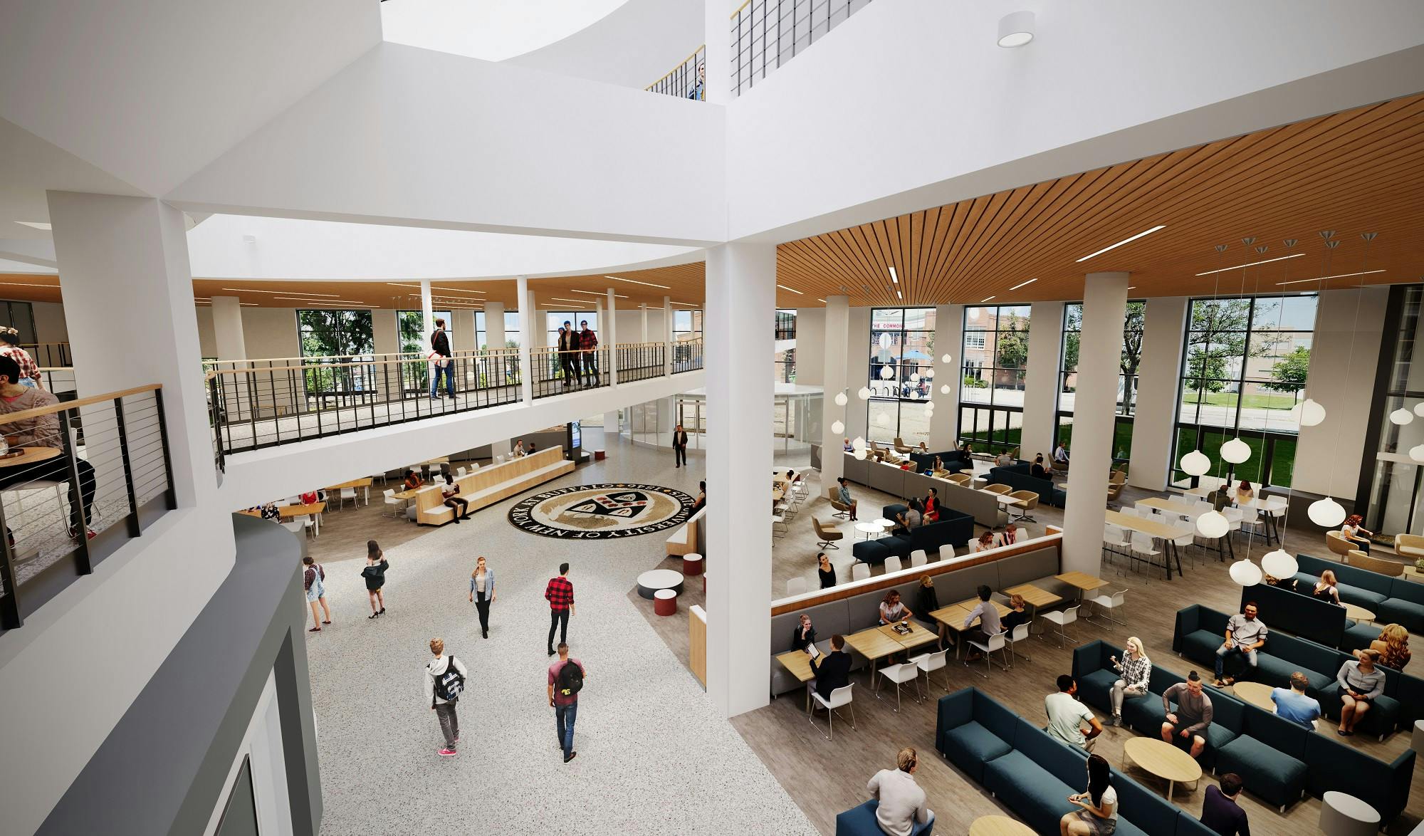 An artist rendering of the ongoing renovations in Student Union shows expanded seating and updated furniture.