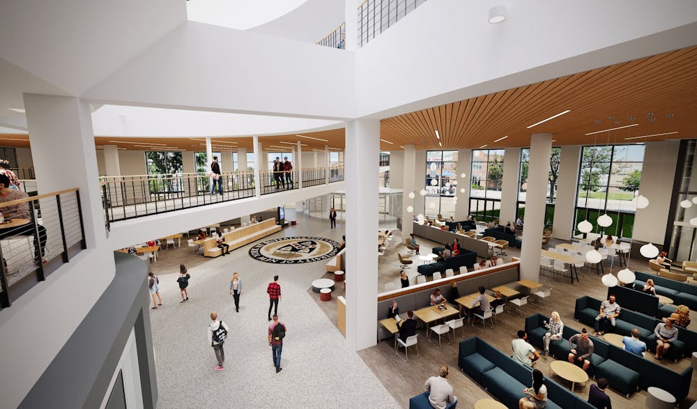 <p>An artist rendering of the ongoing renovations in Student Union shows expanded seating and updated furniture.</p>