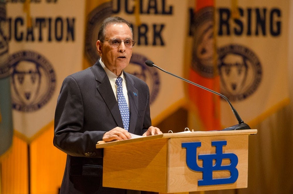 President Satish Tripathi speaks at his annual State of the University Address in Slee Hall last month.&nbsp;