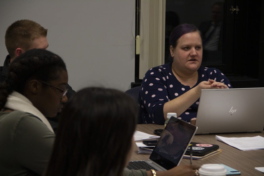 <p>President of SBI Jennifer Schechter at the SBI board meeting on Tuesday night. SBI voted to extend the current health insurance contract with Blue Cross Blue Shield.</p>