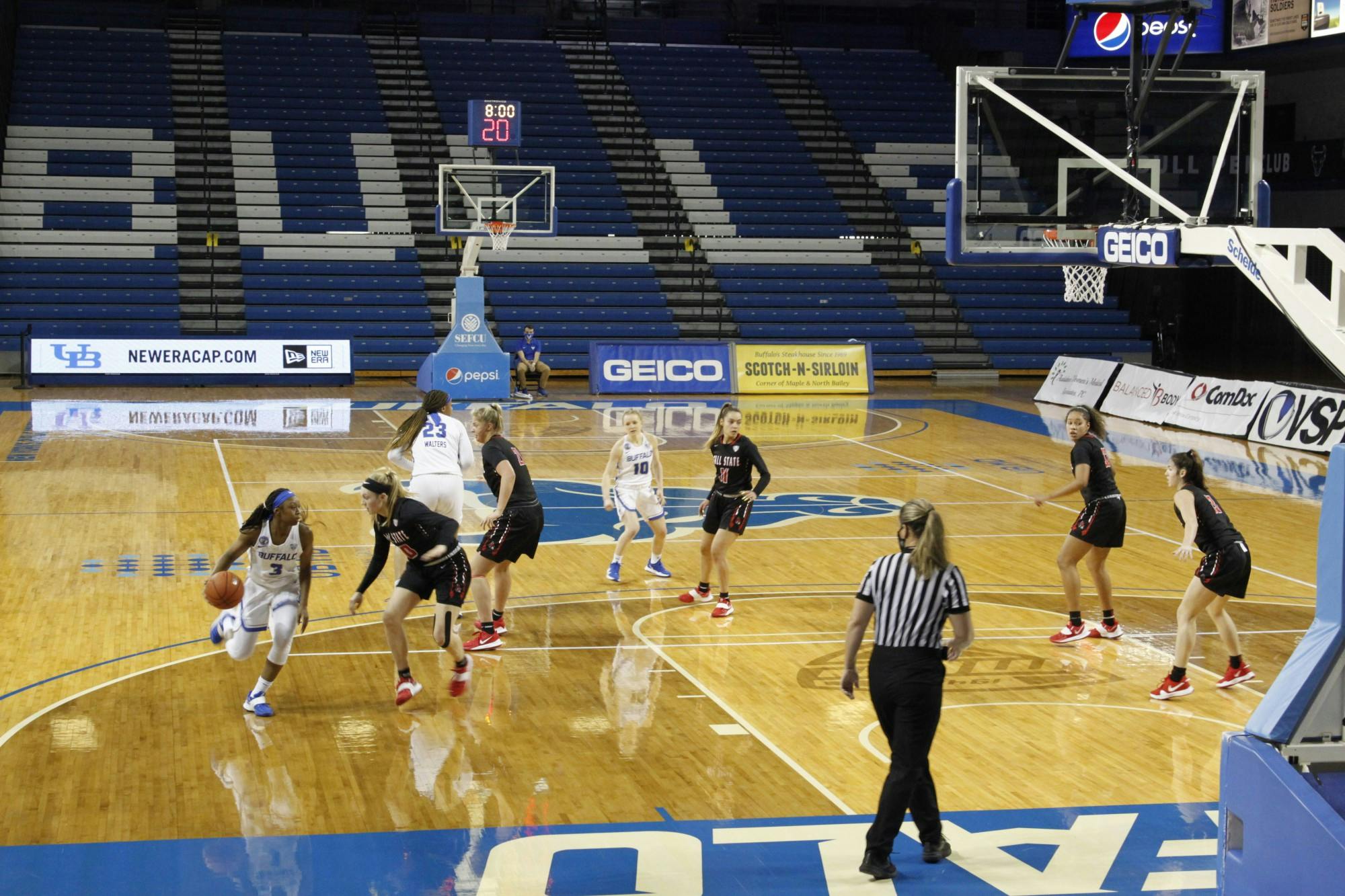 UB women's guard Jazmine Young (3) dribbles the ball during a recent game against the Ball State Cardinals.