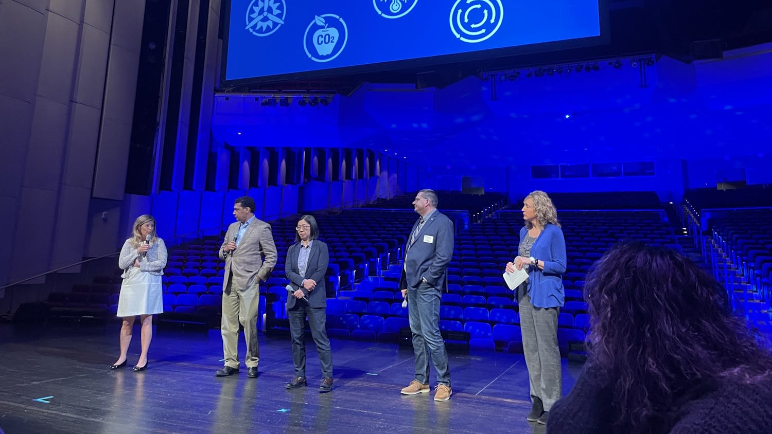 Climate captains gathered on stage for a Q&A at the “Coming Together as a Campus to Achieve Climate Neutrality.”