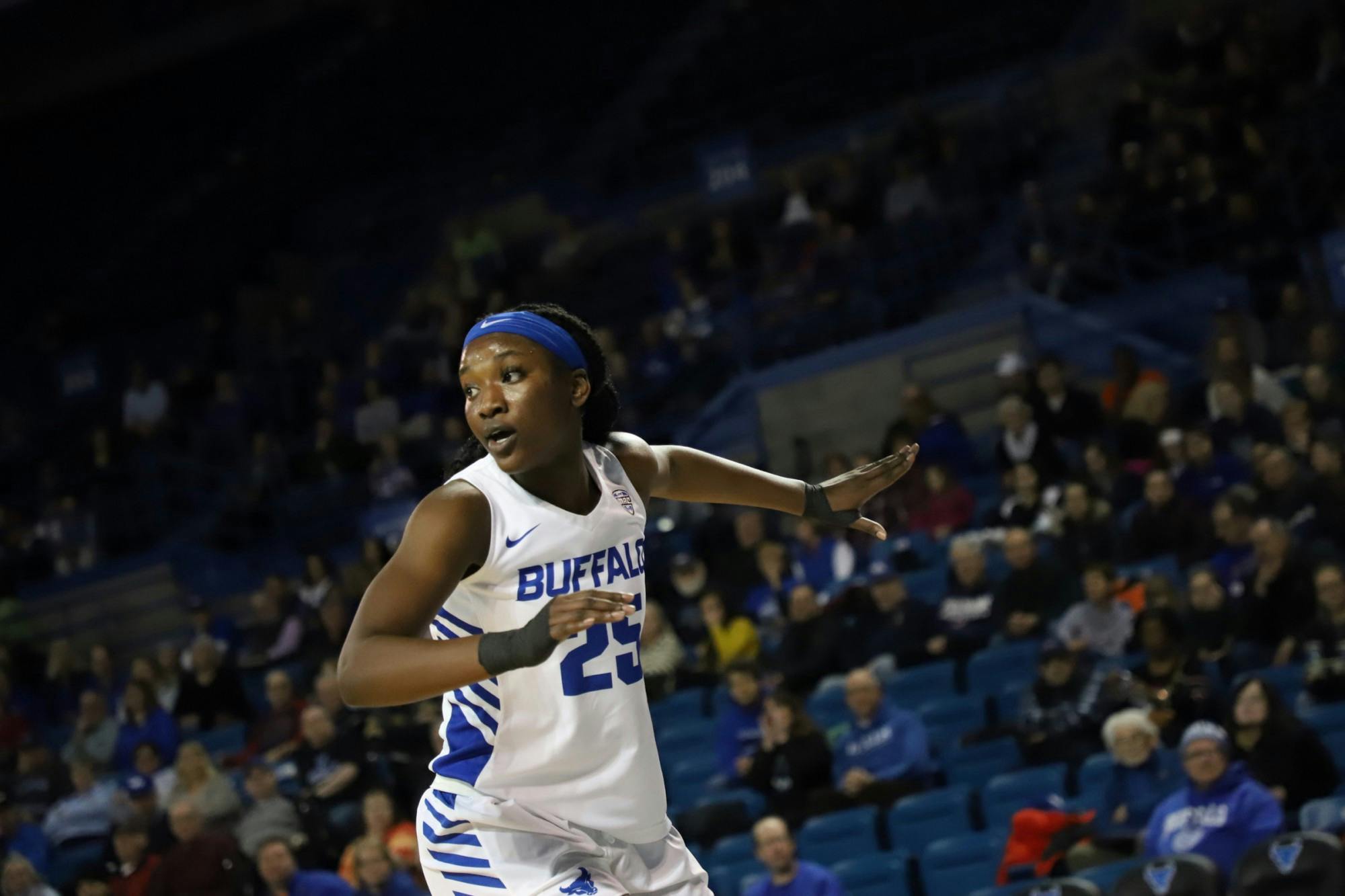 Sophomore forward Adebola Adeyeye eyes a defender during a previous game.&nbsp;