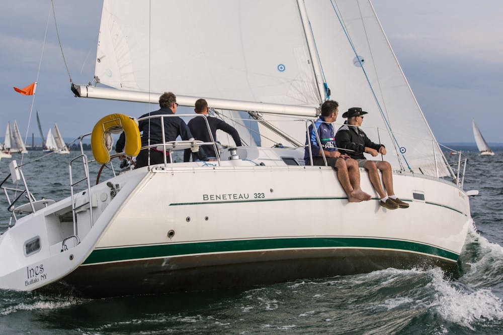 Michael Stefanone at the helm, getting ready to start a race on Lake Erie.