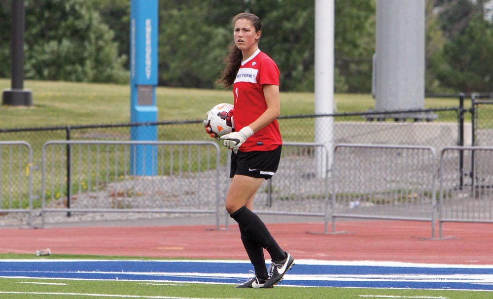 <p>Junior goalkeeper Laura Dougall in a team practice in the 2015 season. Last Thursday,&nbsp;Dougall collected the 22nd shutout of her career, breaking UB women’s soccer 15-year-old record for career shutouts.</p>