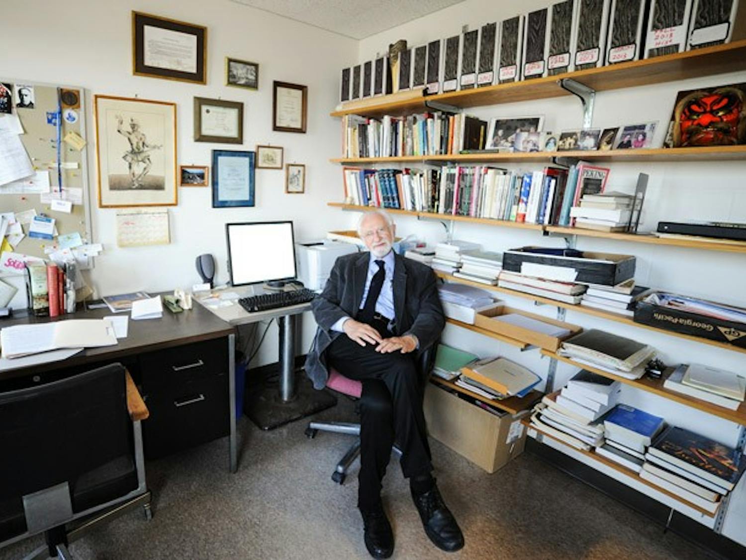 Dr. Kazimierz Braun has directed 150 plays around the world; the walls of his office are adorned with the books he published on theater and posters of his productions.&nbsp;