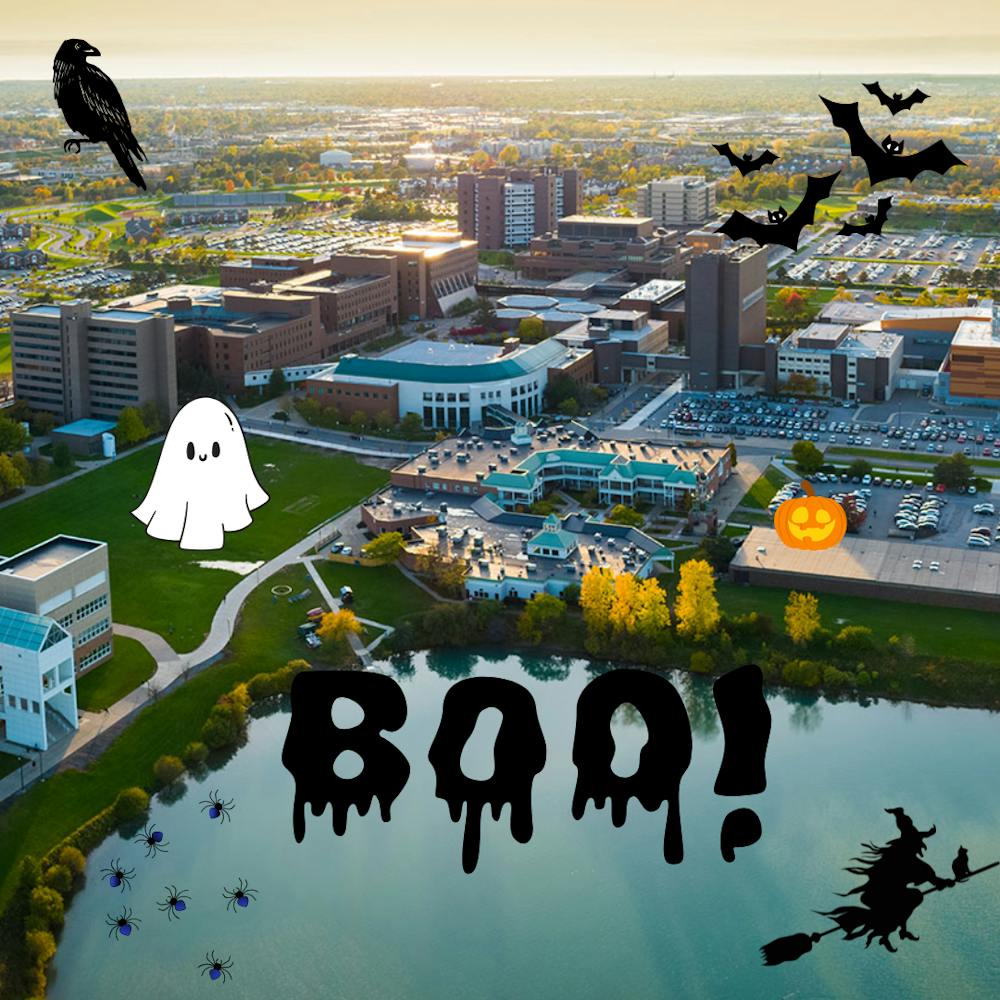 A graphic of UB with Halloween designs.