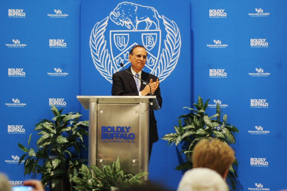UB President Satish Tripathi speaks to hundreds of attendees at the Boldly Buffalo event at the Jacobs School of Medicine and Biomedical Sciences. The campaign, the largest in UB and SUNY history, has now raised $465 million toward UB's $650 million goal.&nbsp;