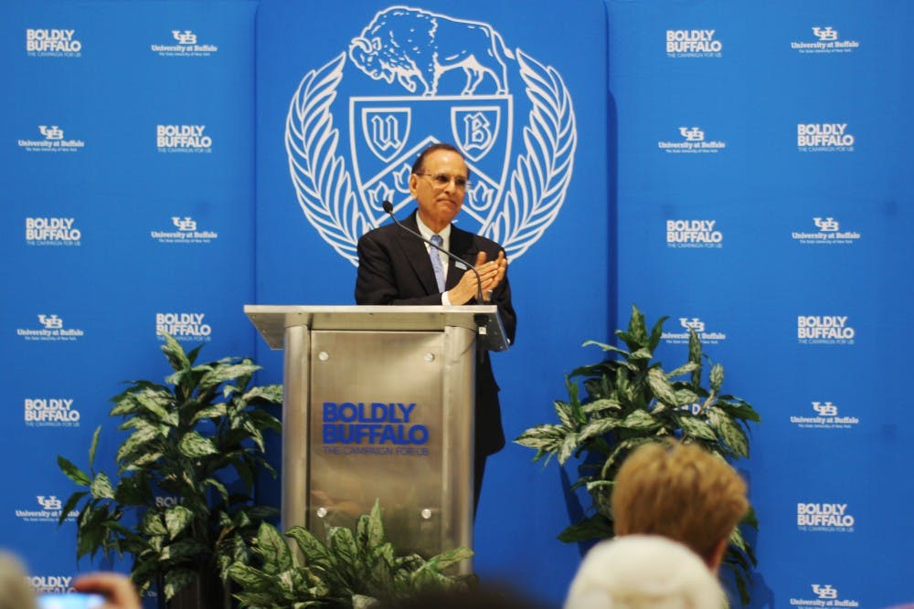 <p>UB President Satish Tripathi speaks to hundreds of attendees at the Boldly Buffalo event at the Jacobs School of Medicine and Biomedical Sciences. The campaign, the largest in UB and SUNY history, has now raised $465 million toward UB's $650 million goal.&nbsp;</p>