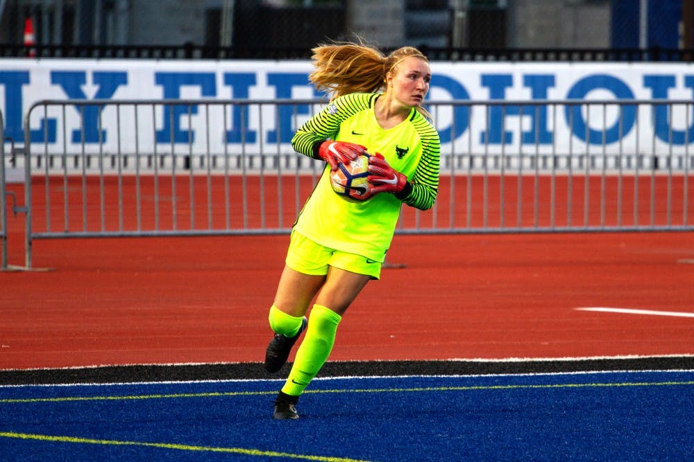 <p>Freshman goalkeeper Emily Kelly prepares to pass the ball back to her team. Kelly has looked great since becoming the starting goalkeeper for the Bulls.</p>