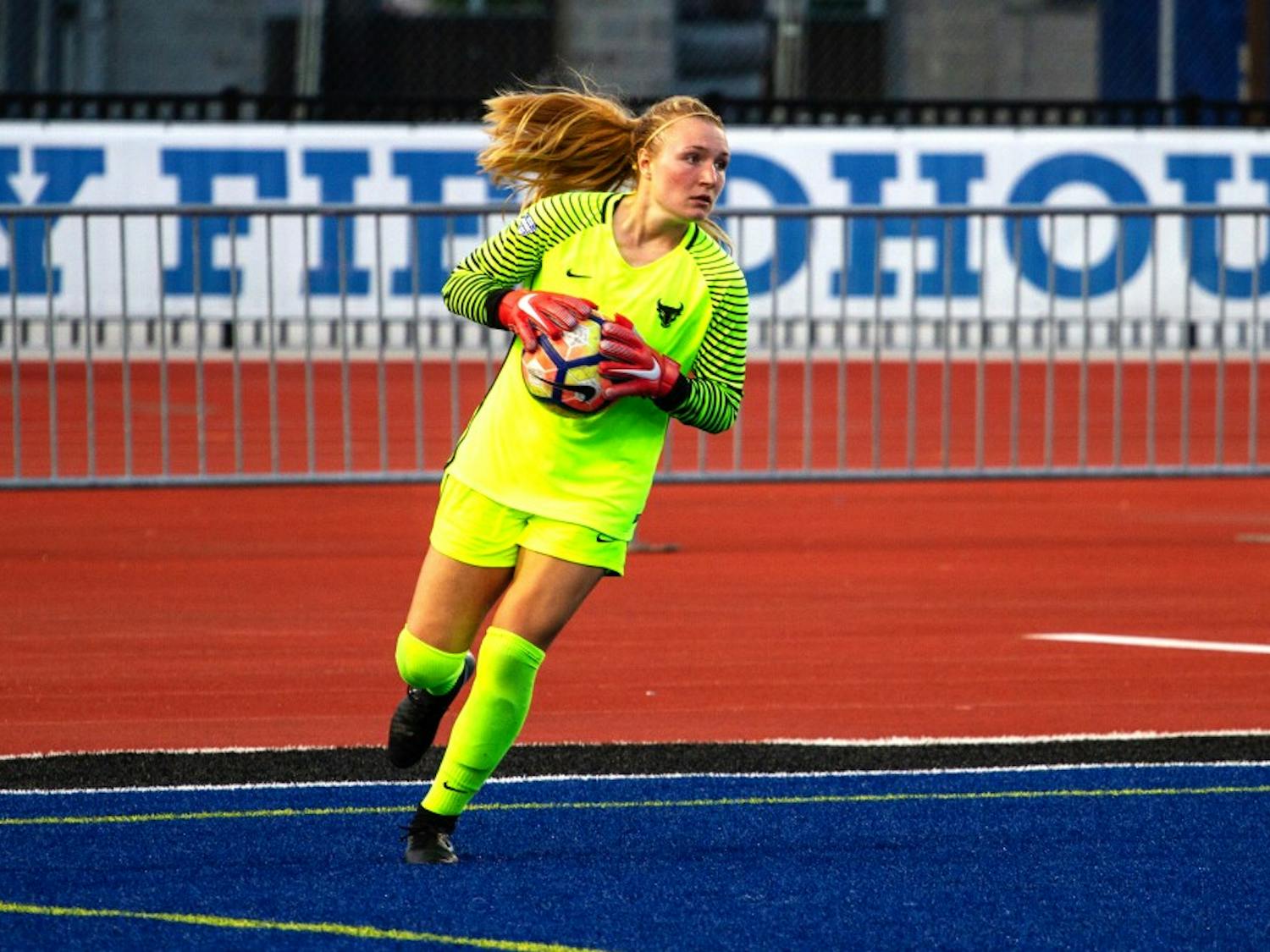 Freshman goalkeeper Emily Kelly prepares to pass the ball back to her team. Kelly has looked great since becoming the starting goalkeeper for the Bulls.