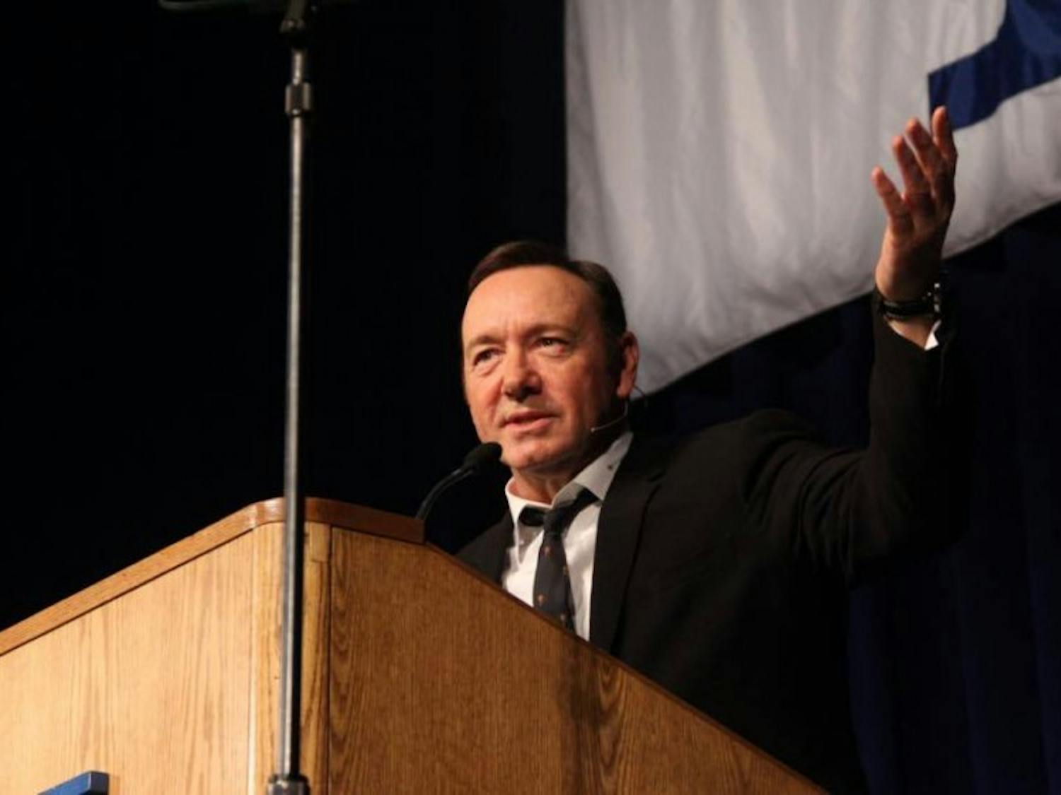 Kevin Spacey spoke as a Distinguished&nbsp;Speaker at Alumni Arena Wednesday night.&nbsp;