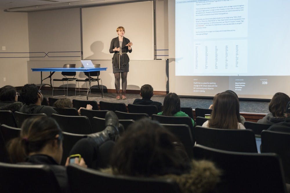 <p>Madelaine Britt, a junior political science major and Student Association Assembly member, presents her idea for a website that would allow UB students to create petitions concerning issues they see at UB at an SA Assembly meeting Wednesday night.</p>