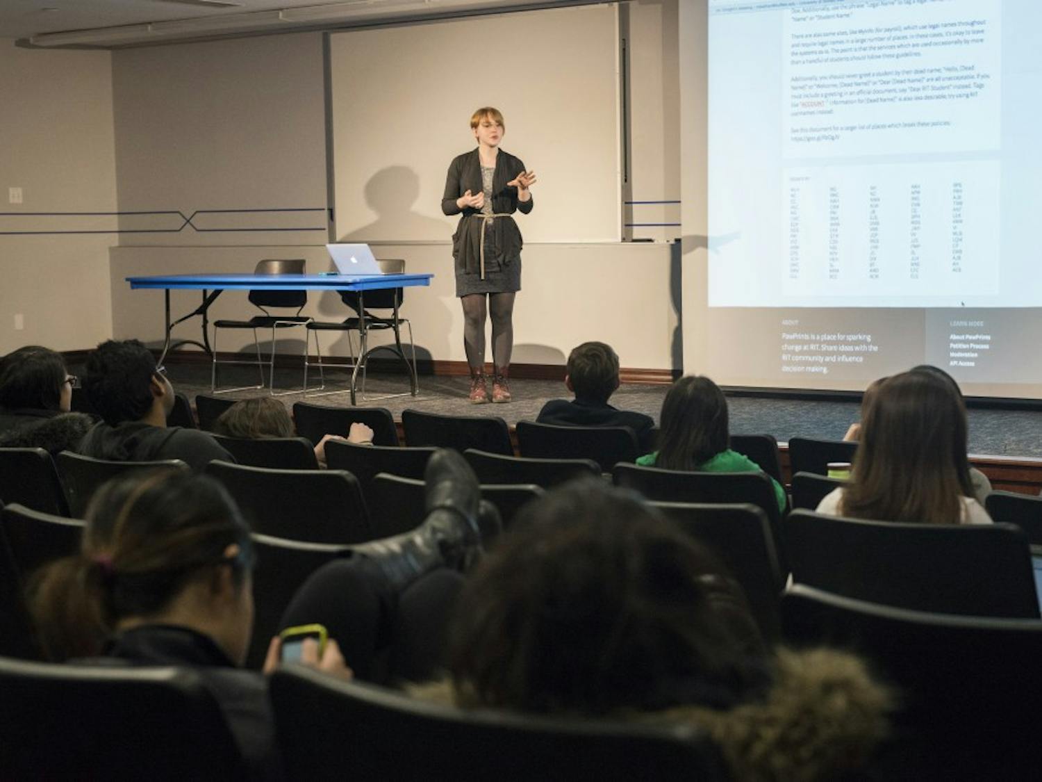 Madelaine Britt, a junior political science major and Student Association Assembly member, presents her idea for a website that would allow UB students to create petitions concerning issues they see at UB at an SA Assembly meeting Wednesday night.