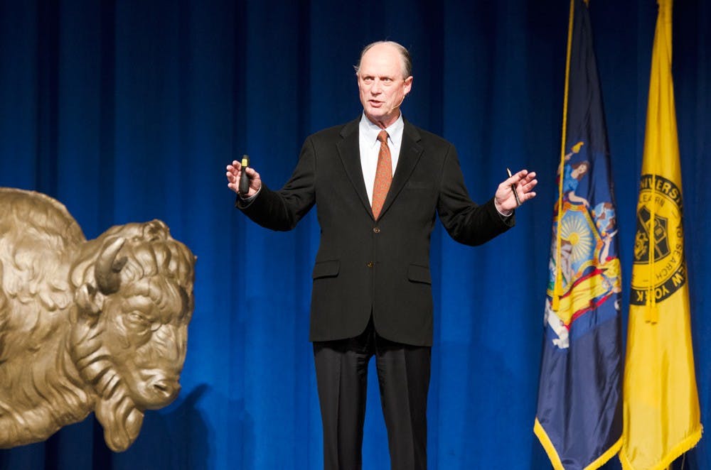 <p>Robert Ballard speaks in Alumni Arena Wednesday night. His lecture focused on the future of deep sea exploration and what his team is doing to push forward the discoveries on the ocean floor.</p>