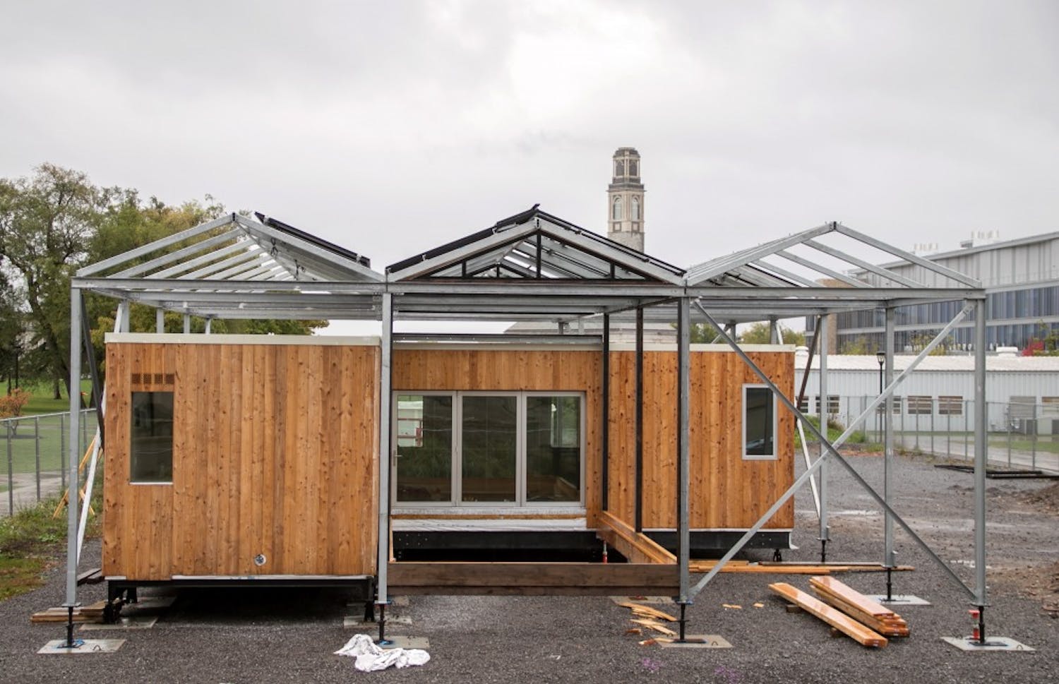 After making its 2,500 mile journey from Irvine, California, UB's award winning GRoW Home is being reconstructed on South Campus, adjacent from Haynes Hall.