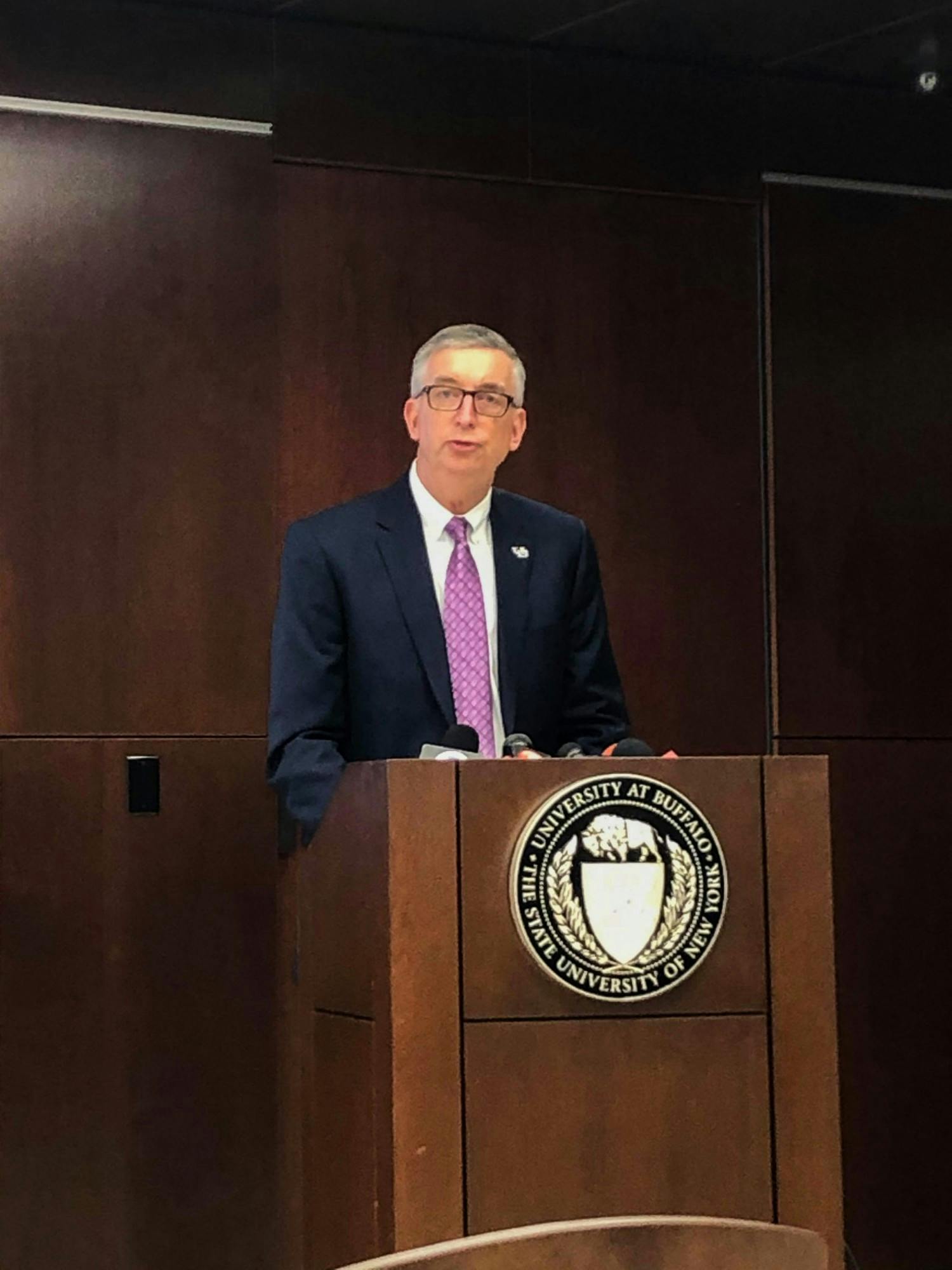Provost A. Scott Weber discussing UB’s coronavirus plans at a press conference Wednesday.
