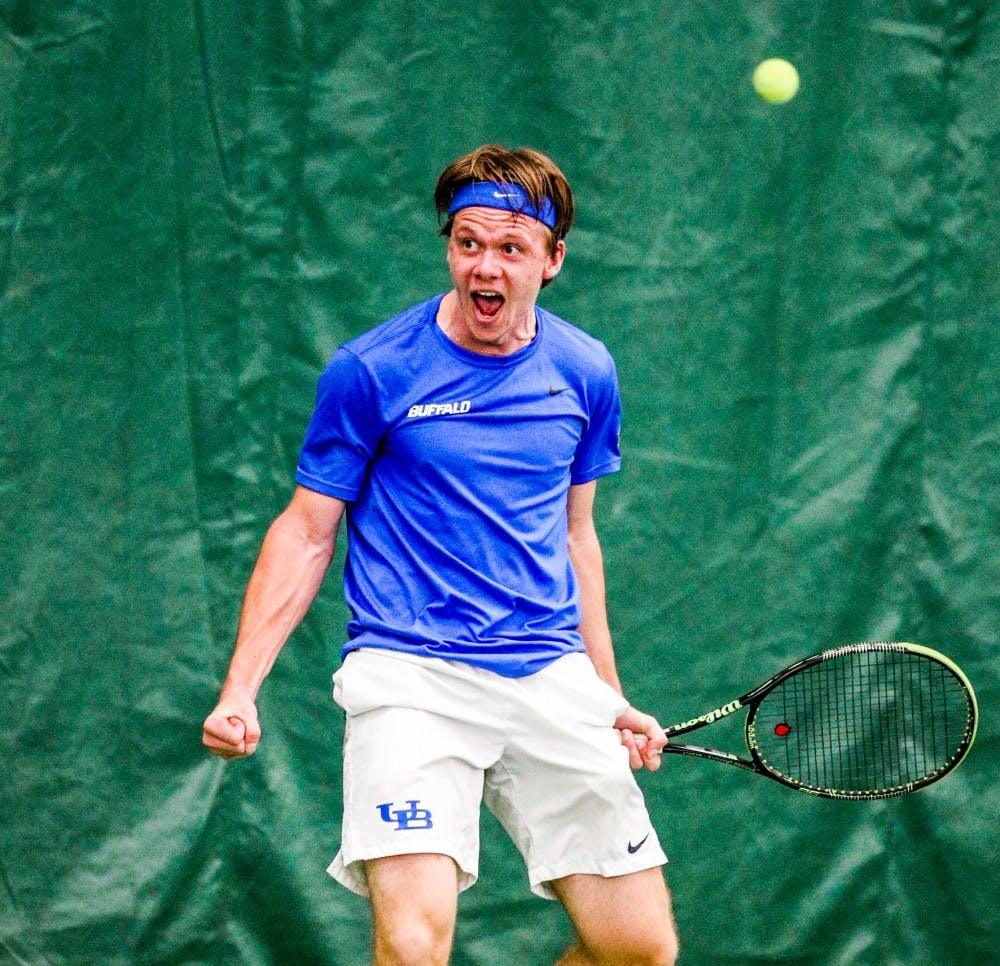 April 27, 2018: during the 2018 Mid-American Men's Tennis Championship between the  Buffalo Bulls and Northern Illinois Huskies at the Miller Tennis Center in Amherst, N.Y. (Nicholas T. LoVerde)