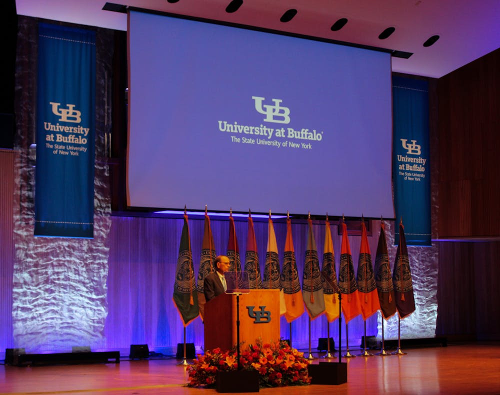 <p>Satish Tripathi, UB’s 15th president, highlighted a 14-year legacy of transformations.&nbsp;</p>