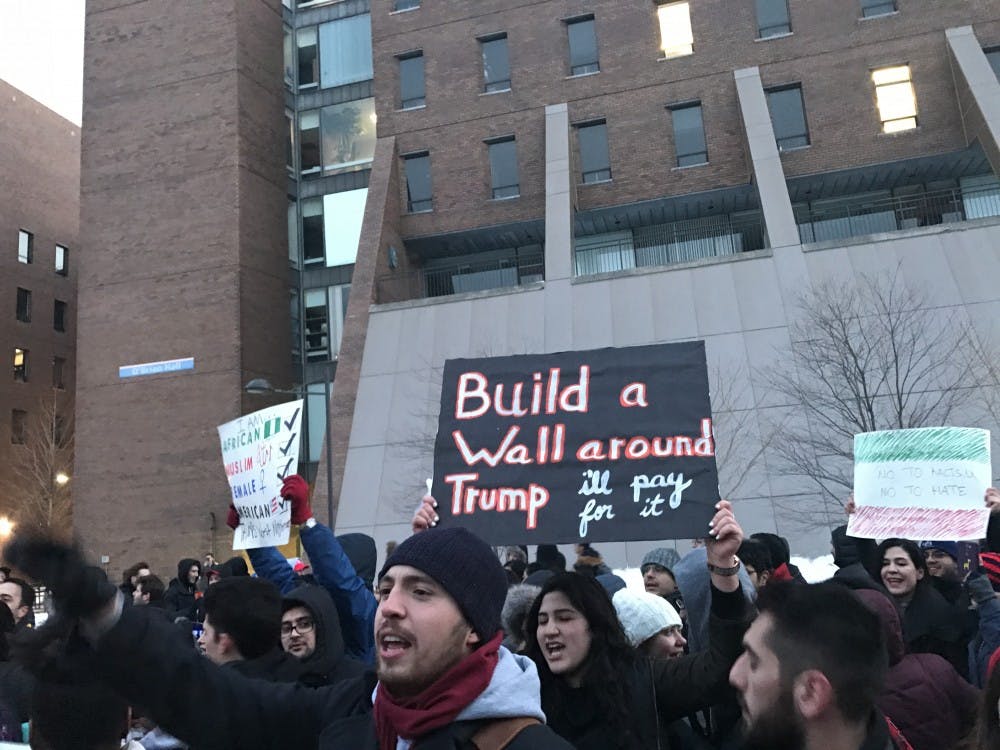 <p>Hundreds of UB students gathered on Friday outside of O'Brian hall to protest President Donald Trump’s recent travel ban executive order</p>