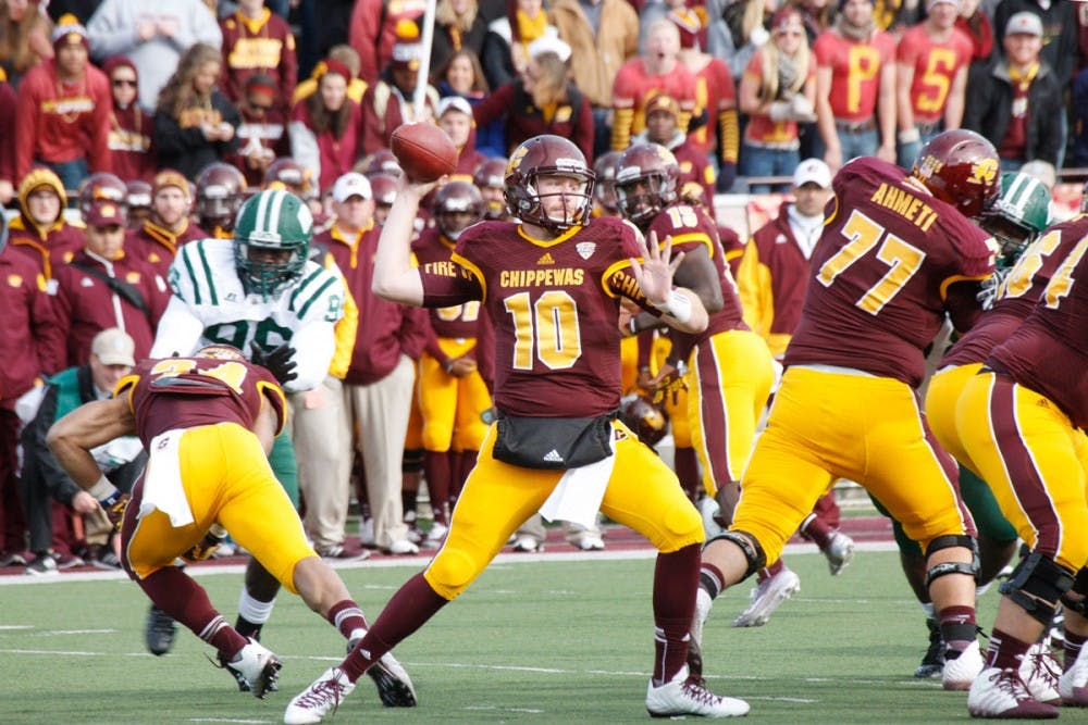 <p>Central Michigan quarterback Cooper Rush is set in the pocket ready to throw with the Ohio pass rush charging. Rush and the Chippewas will take on Buffalo on Saturday.</p>