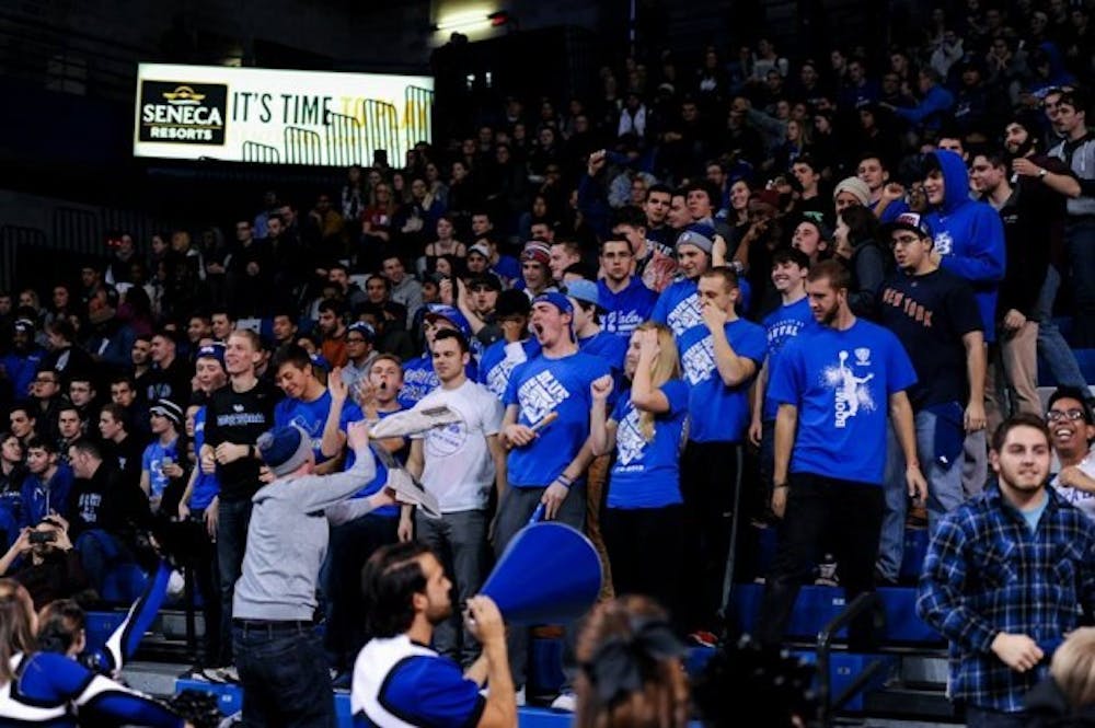 Students cheer for the men&#39;s basketball team in Tuesday&#39;s game against Western Michigan. UB Athletics canceled Friday&#39;s planned tailgate due
to weather conditions. Yusong Shi, The Spectrum.&nbsp;&nbsp;