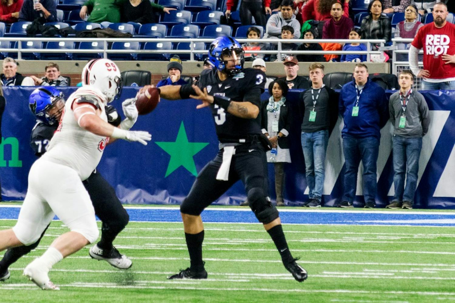 Tyree Jackson sets for a throw during the MAC Championship game. Jackson blew scouts away with his physical attributes during the NFL Combine this weekend.