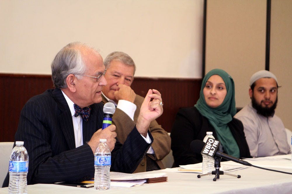 <p>Dr. Khalid J. Qazi, a clinical professor at UB, speaks at Muslimedia. The discussion found a panel of seven journalists, community members, and local faith leaders discussing Islam’s coverage in the media.</p>