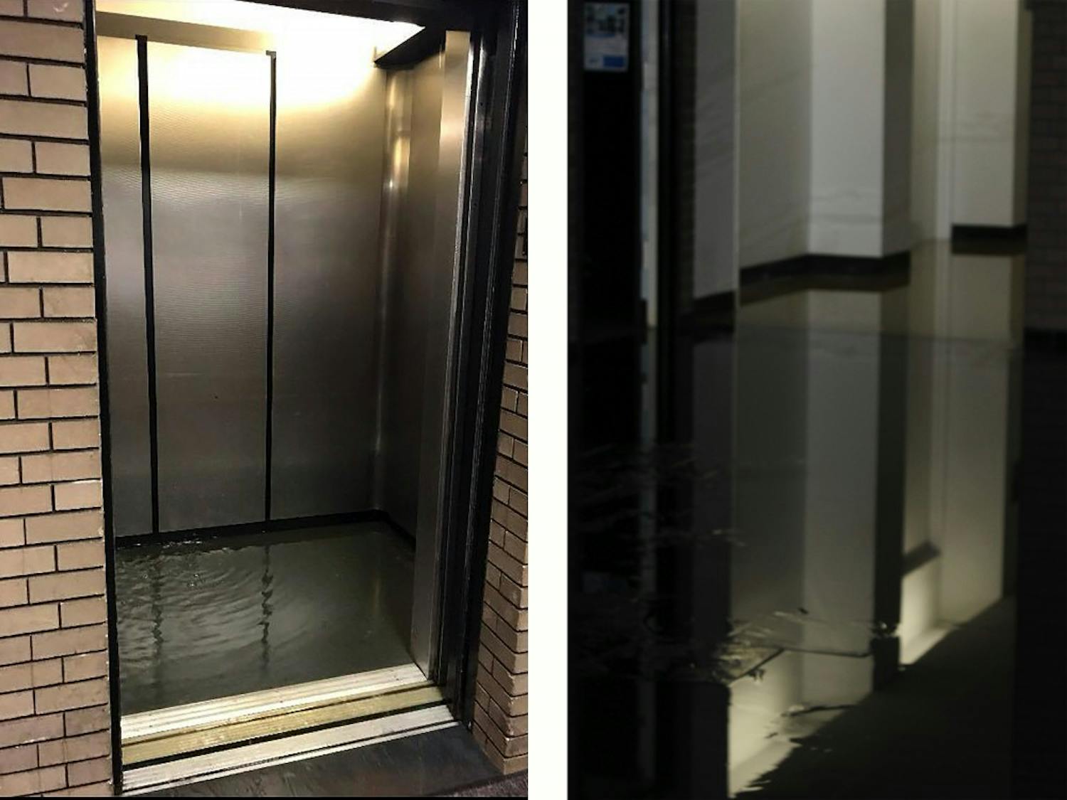 An elevator in Clemens hall is filled with water. The flooding was a result of a burst water valve on the fourth floor cooling system.&nbsp;