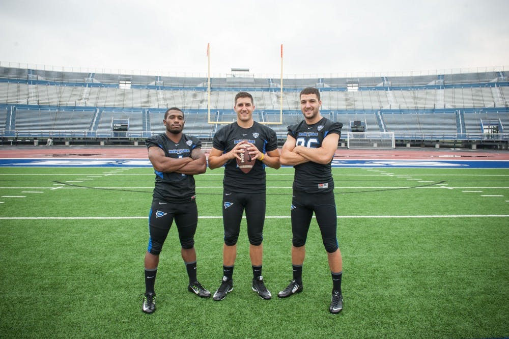 <p>(From left to right) Anthone Taylor, Joe Licata and Ron Willoughby are Buffalo's 'triplets,' who will provide the Bulls' offense with stability in their senior seasons. </p>