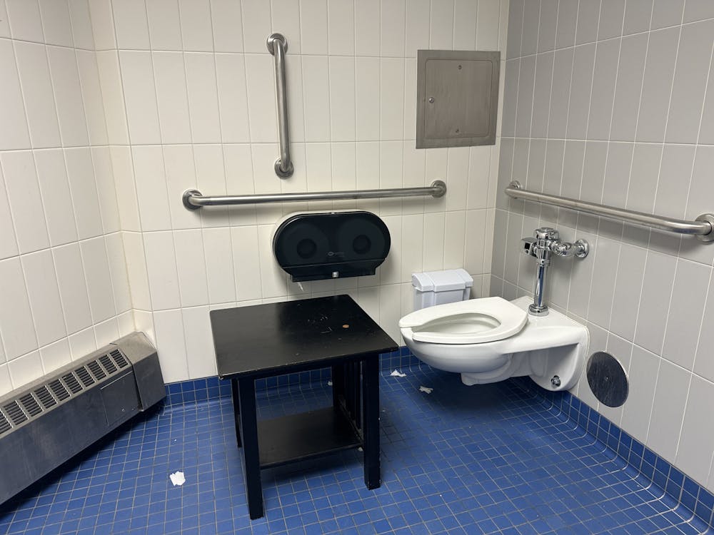 <p>An accessible bathroom located on the seventh floor of O'Brian comes with a table for primetime multitasking.</p>