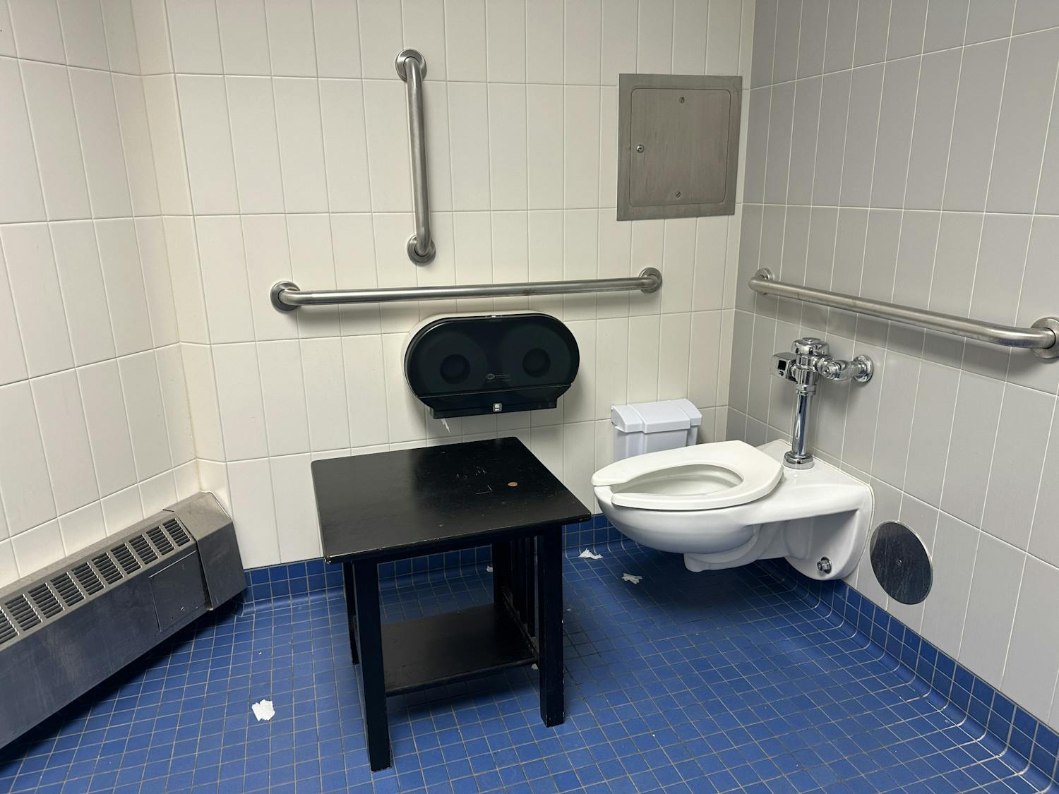 An accessible bathroom located on the seventh floor of O'Brian comes with a table for primetime multitasking.
