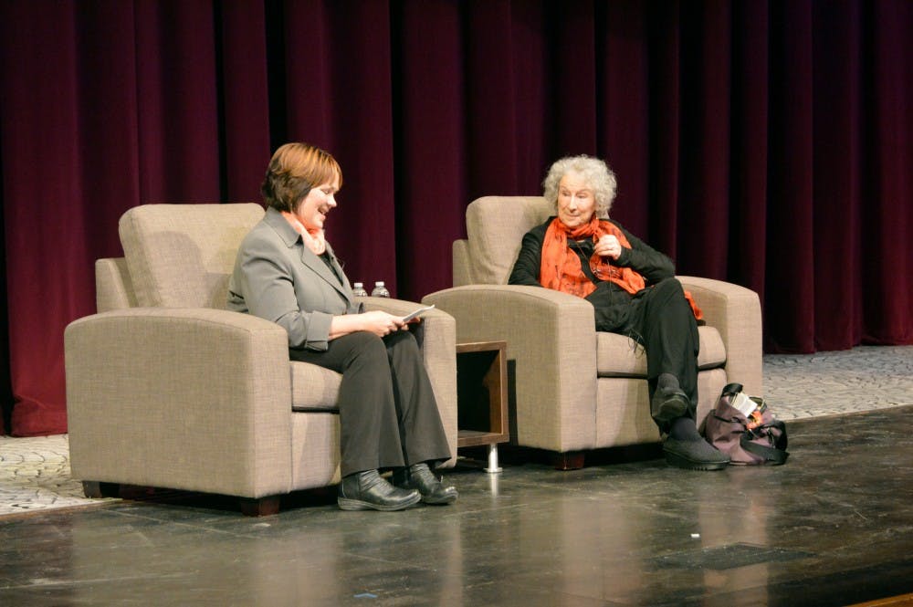 <p>Kari Winter moderating a Q&A with Margaret Atwood on Friday’s Humanities to the Rescue event, “An Evening with Margaret Atwood.</p>