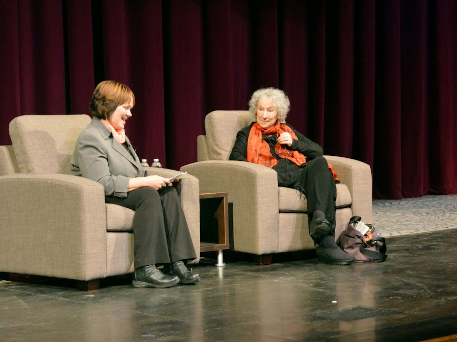 Kari Winter moderating a Q&A with Margaret Atwood on Friday’s Humanities to the Rescue event, “An Evening with Margaret Atwood.