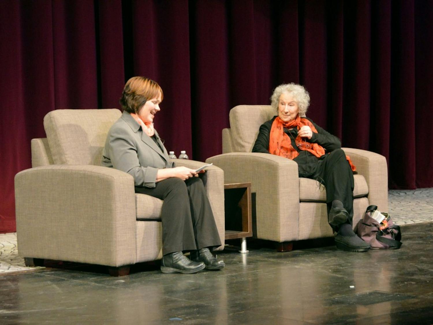 Kari Winter moderating a Q&A with Margaret Atwood on Friday’s Humanities to the Rescue event, “An Evening with Margaret Atwood.