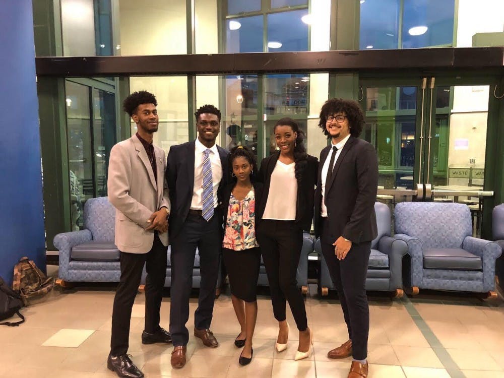 <p>The 2018-2019 Black Student Union E-board after the election. The E-board (left to right) Jermaine Hinckson, Daniel Edwards, Ayenoumou Barry, Kendra Harris and Lucas Furlow.&nbsp;</p>