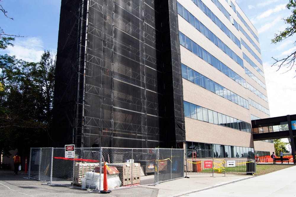 <p><strong></strong></p><p>The construction in Clemens Hall is critical maintenance. The brick on the building’s face is being replaced and sidewalks, which were a tripping hazard, needed to be repaved.</p>