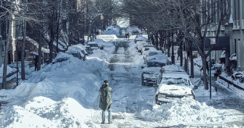<p>Snow piles up on a street on Carnegie Hill in New York, New York this past weekend. Winter Storm Jonas hit the East Coast and made it difficult for students to return to campus in time for the start of the spring semester.</p>