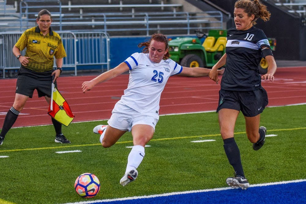 <p>Sophomore Defender Nicole Gerritz hits a cross against Brown University.</p>