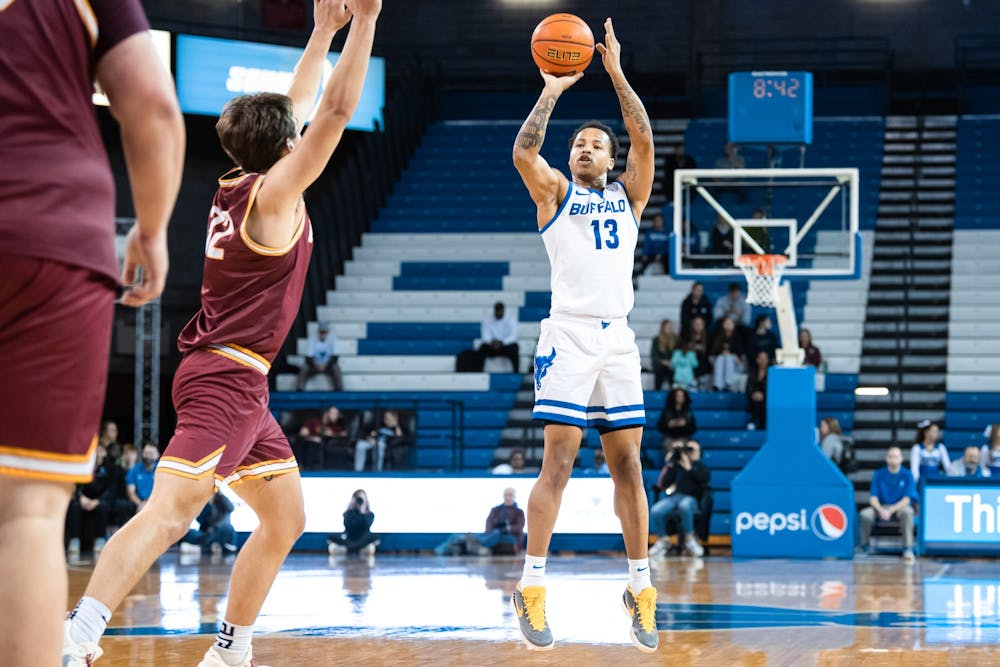 Junior guard Zid Powell takes a shot in UB’s Tuesday matchup against St. John Fisher.