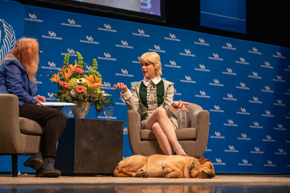 <p>Selma Blair delivered the final installment in UB’s 2022-23 Distinguished Speakers Series with her service dog, Scout, curled up at her feet.&nbsp;</p>