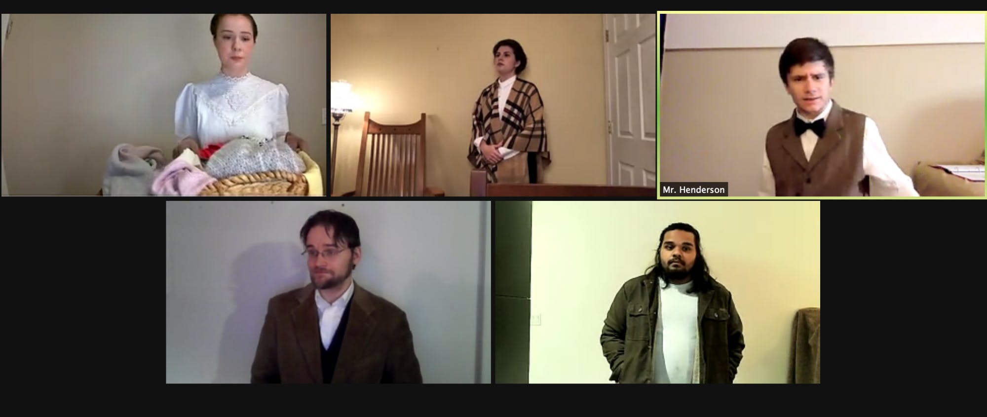 Two separate casts of five actors performed in the show, with the first cast acting as if they were in 1916, the year the play is set in, and the second cast acting as if they are in 2021.