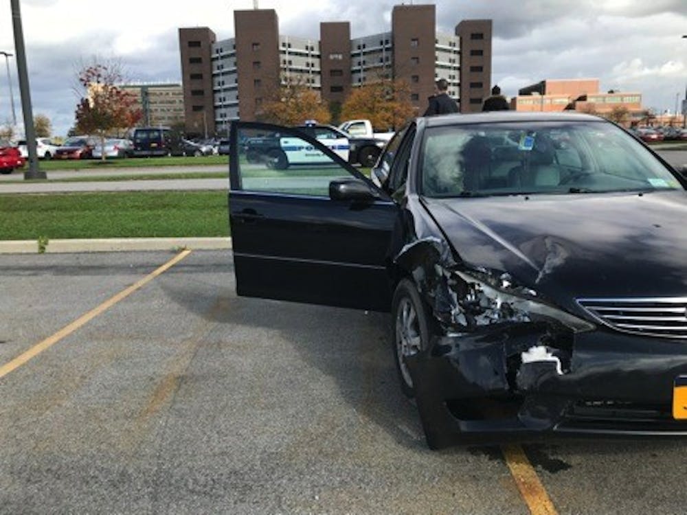 <p>Two UB student got into a car accident outside the Hochstetter B parking lot on Augspurger Road. Neither student were seriously injured, but one car had to be towed.&nbsp;</p>