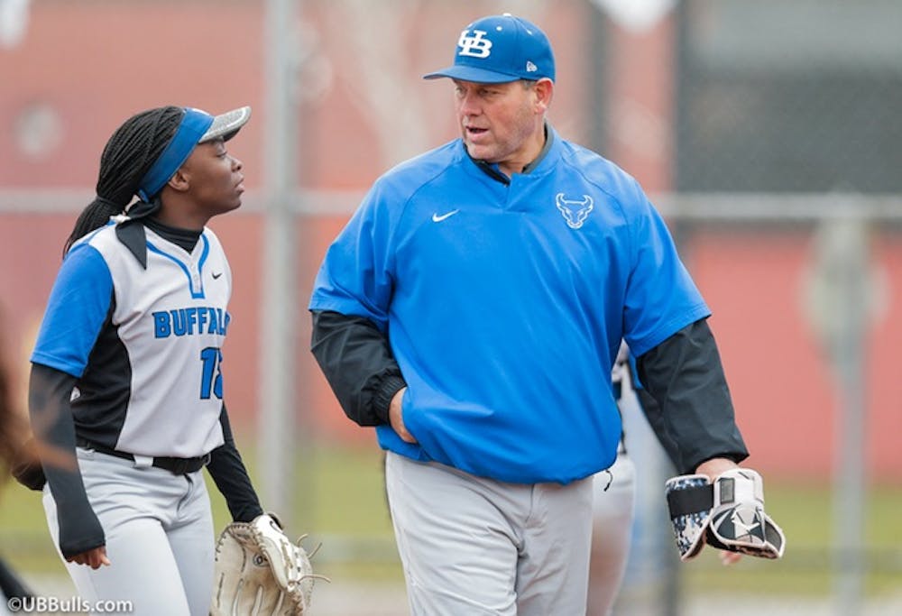 <p>Newly announced head coach Mike Ruechel talks to junior outfielder Ufuoma Ogagan. Ruechel takes over as head coach for Mike Roberts who left for a position at University of&nbsp;Louisiana at&nbsp;Lafayette.</p>