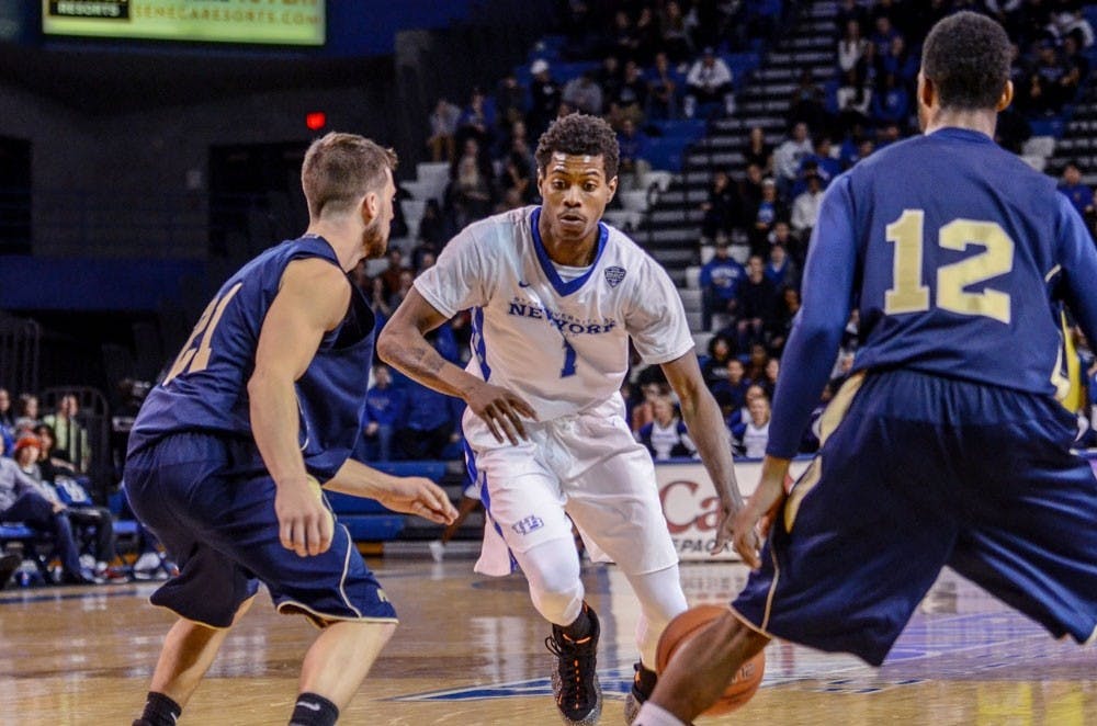 <p>Sophomore guard Lamonte Bearden tries to go through a Pittsburgh at Bradford defender in Buffalo's 109-49 season-opening victory last Friday. Bearden came off the bench to score 13 points in a&nbsp;89-67 loss to St. Joseph's Wednesday.&nbsp;</p>