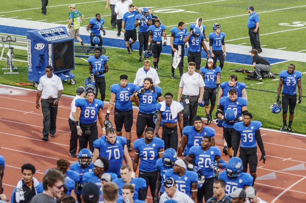 <p>The football team walks off the field after a game against Nevada in September of 2015. The team spent more than $70,000 staying in hotels the nights before home games in 2014.&nbsp;</p>