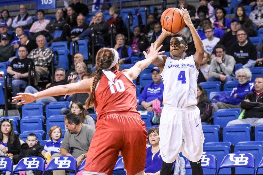 <p>Junior guard Joanna Smith puts up a shot against a Miami Ohio defender in Buffalo's 58-39 victory at Alumni Arena on Feb. 20.&nbsp;</p>