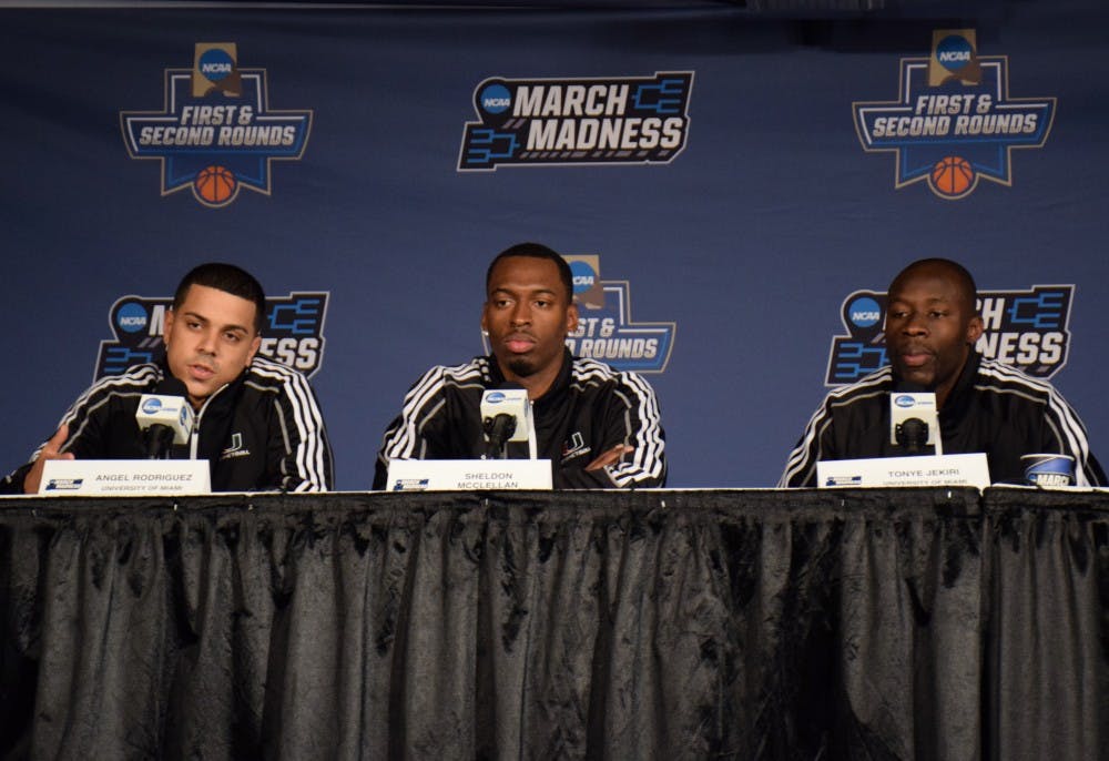 <p>(From left to right) Miami Hurricanes Angel Rodriguez,&nbsp;Sheldon&nbsp;McClellan and Tonye Jekiri speak to the media about the Buffalo men's basketball team at the Dunkin' Donuts Center&nbsp;Wednesday afternoon.&nbsp;</p>