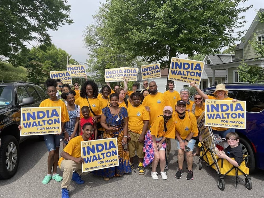 Buffalo mayoral candidate India Walton poses with supporters during the lead-up to the Democratic primary.
