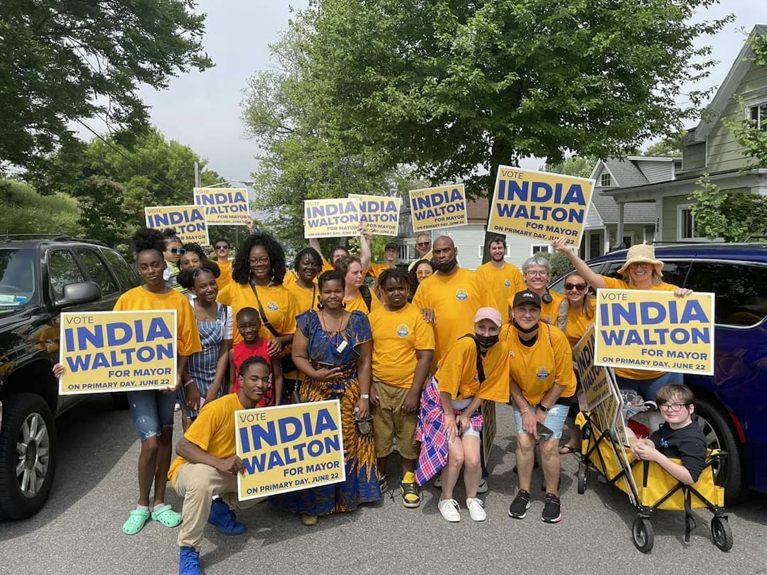 Buffalo mayoral candidate India Walton poses with supporters during the lead-up to the Democratic primary.